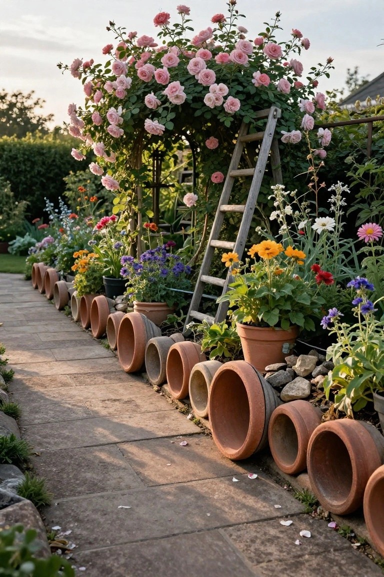 Garden path edged with rows of upright terracotta pots containing plants and flowers, pink climbing roses on an arch with a wooden ladder nearby, and colorful blooms in adjacent beds.