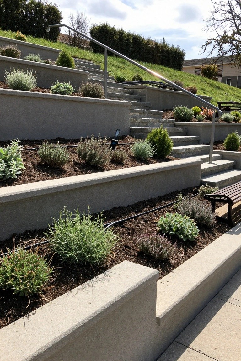 Sloped hillside landscaped with multiple tiers of concrete retaining walls forming raised garden beds planted with herbs, lavender, succulents, and grasses, featuring stairs, metal railings, and a wooden bench at the base.