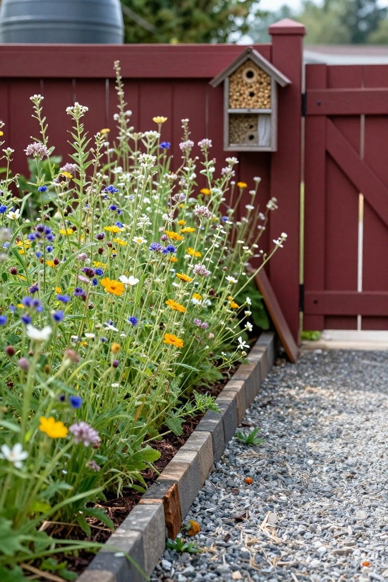 Vibrant wildflower bed with yellow, blue, purple, and white blooms bordered by dark rectangular wood blocks along a gravel path, backed by a red wooden fence with a bee hotel.