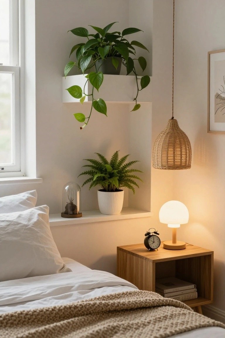A bedroom corner showing white built-in wall shelves with a trailing pothos plant above and a fern in a white pot below, next to a wooden nightstand holding a small lamp and alarm clock.