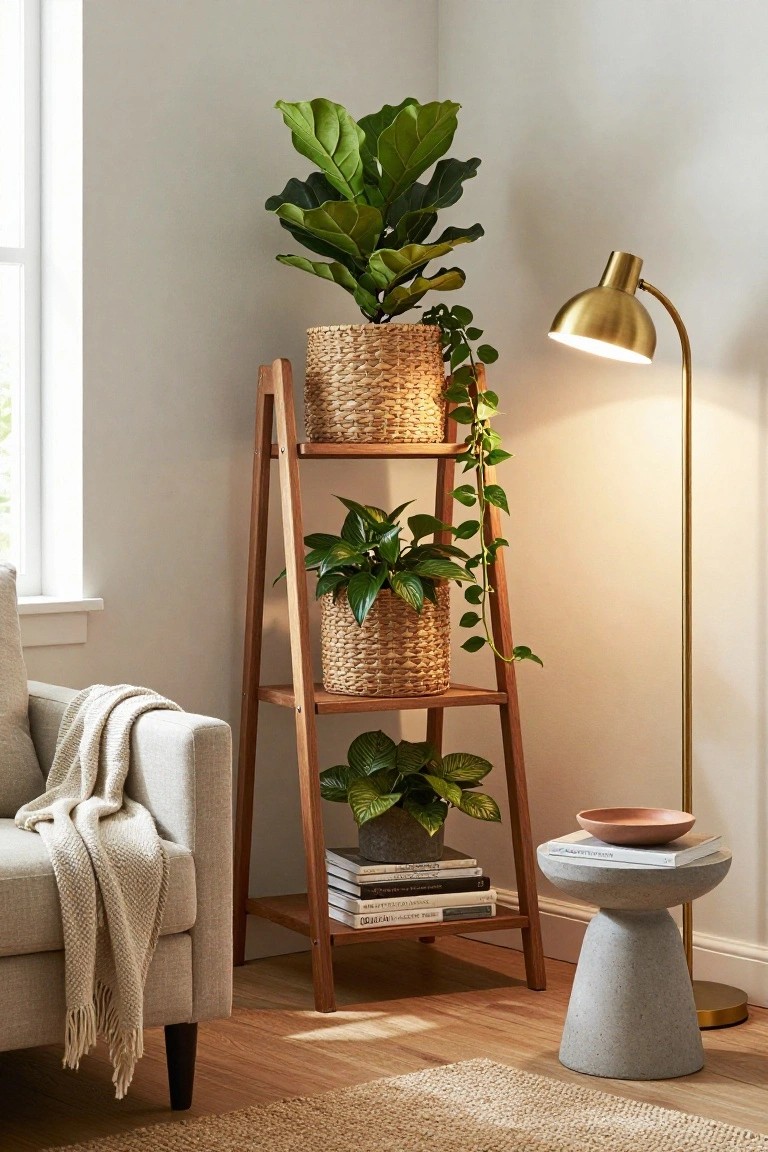 Wooden A-frame ladder shelf in a light living room corner holding three potted plants in woven baskets, next to a beige sofa with cream throw, gold floor lamp, concrete stool with books and bowl, on hardwood floor with seagrass rug.
