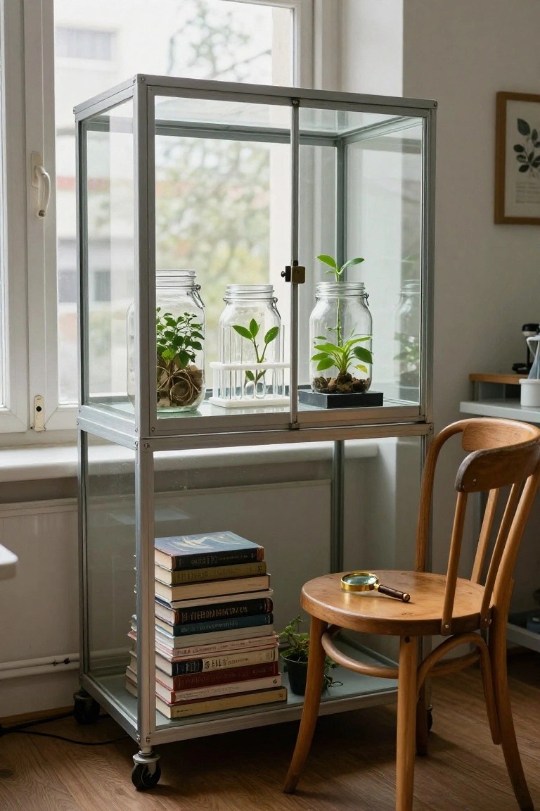 Glass cabinet with plants in jars beside wooden chair with books.