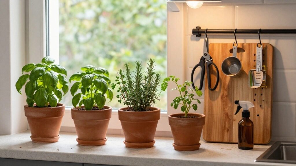 17 Trendy Urban Gardening Ideas for Apartment Living Kitchen countertop holding four terracotta pots with basil, mint-like herb, rosemary, and a small tomato plant, next to hanging utensils on a black rail against white subway tile wall and gray cabinets.