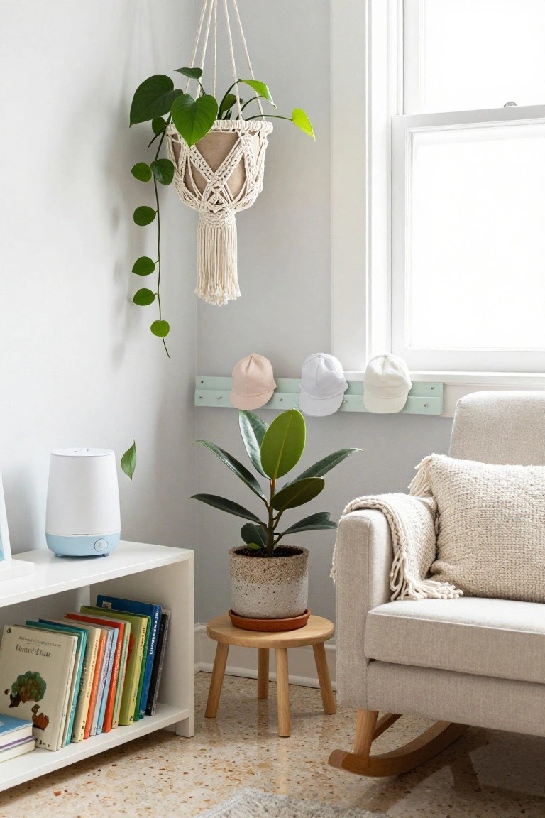 Nursery corner with cream rocking chair on wood stool, white bookshelf holding colorful children's books, blue humidifier, potted rubber plant, mint hat rail displaying three baby hats, and white macrame hanging basket with trailing green plant near a sunlit window.