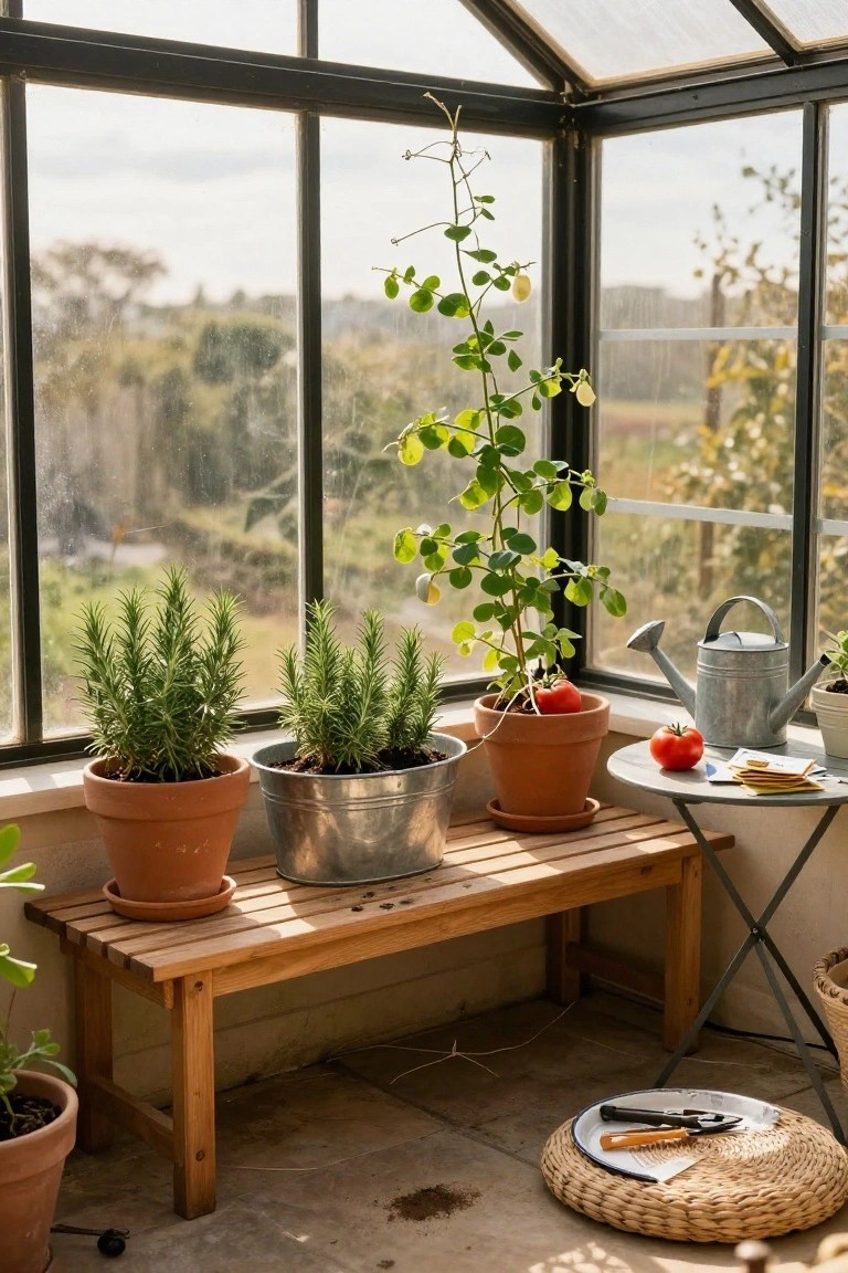 Greenhouse interior with wooden bench holding terracotta and metal pots of rosemary plants, a tomato plant in orange pot, watering can, small metal table with tomatoes, and tools on the floor near glass walls.