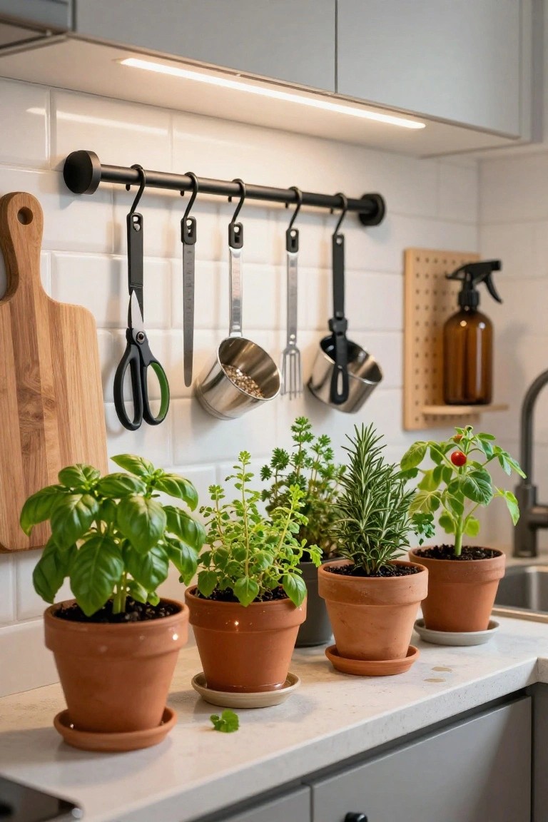 Kitchen countertop holding four terracotta pots with basil, mint-like herb, rosemary, and a small tomato plant, next to hanging utensils on a black rail against white subway tile wall and gray cabinets.