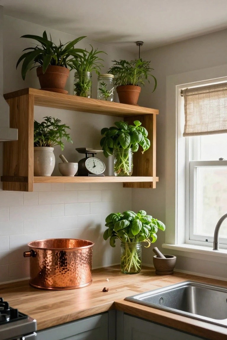 Kitchen with wooden open shelves holding potted plants and glass jars of herbs above a wooden counter with a copper pot and sink.