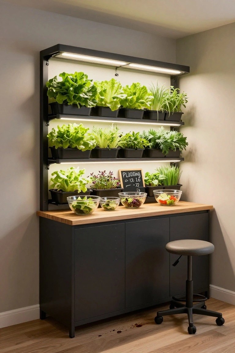 Black metal vertical garden unit mounted on wall with LED grow lights illuminating multiple planters of lettuce, herbs, and greens above a wooden countertop holding glass bowls of fresh salad, beside gray cabinets and a gray swivel stool in a light gray room.