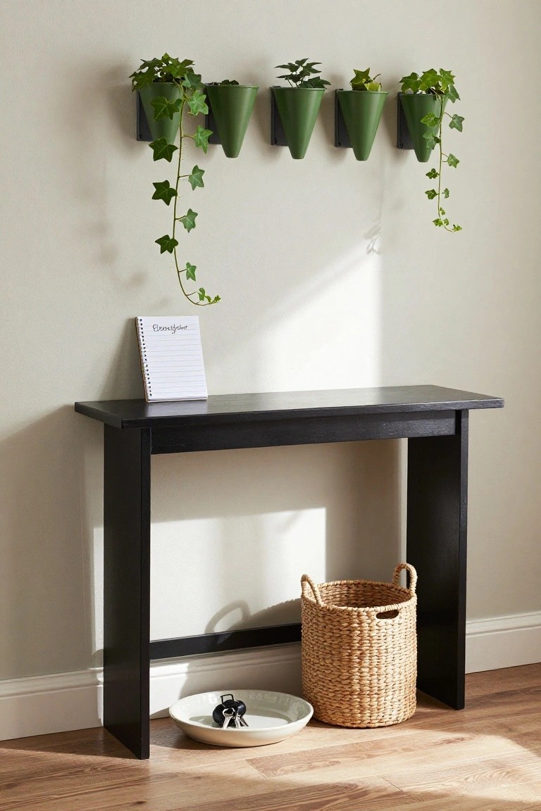 Beige wall with five green conical wall-mounted planters holding ivy plants above a black wooden console table, a spiral notebook on the table, and a wicker basket plus white dish with keys on the wood floor.