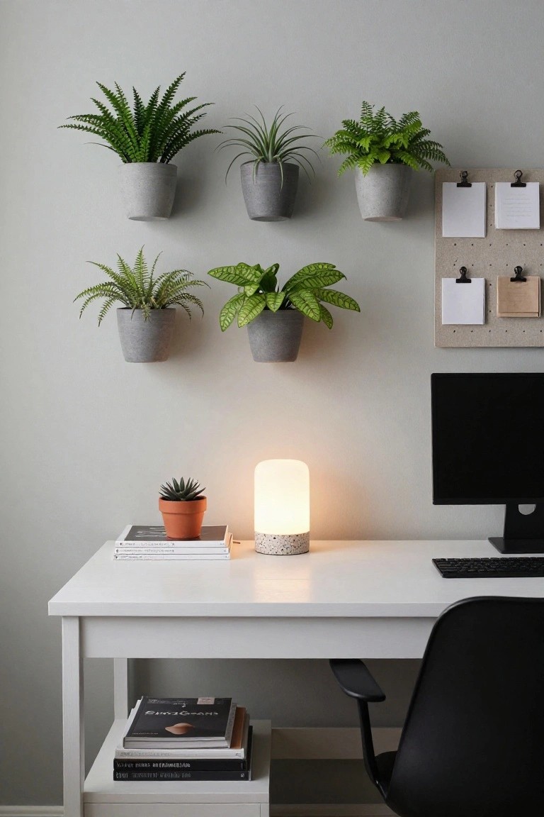 A white desk with black computer monitor, keyboard, white lamp, stacked books, and small orange potted succulent, below several wall-mounted gray planters with various green ferns and plants on a light gray wall next to a corkboard.