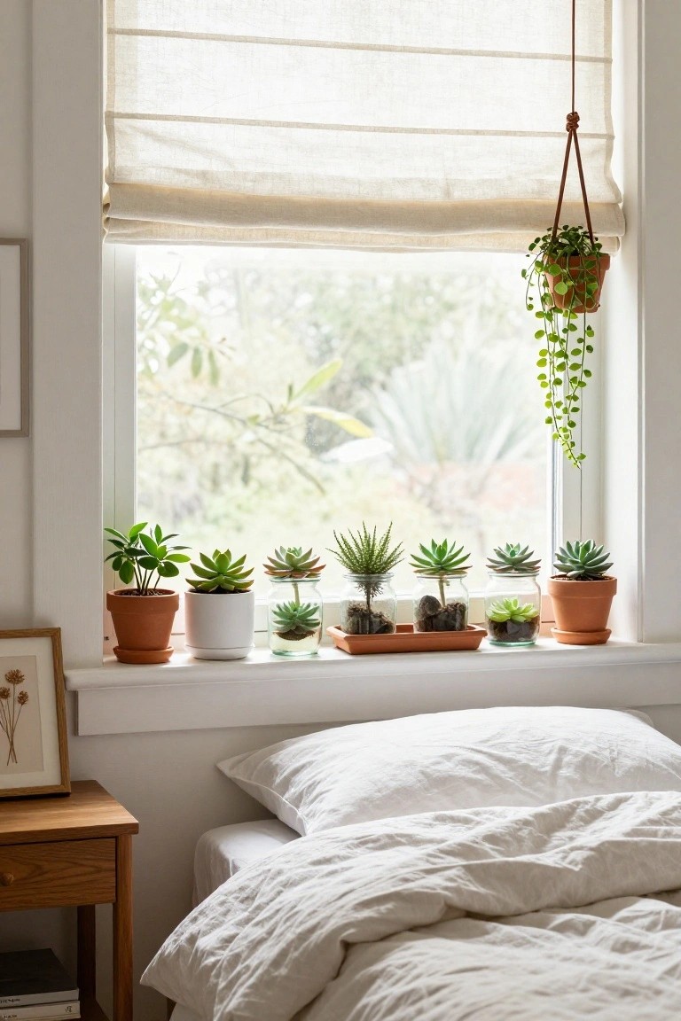 Bedroom windowsill with multiple potted succulents including echeverias and haworthias in terracotta and white pots, a trailing plant hanging from the linen shade, glass jars with plants, a bed with white linens, wooden nightstand, and garden view outside.