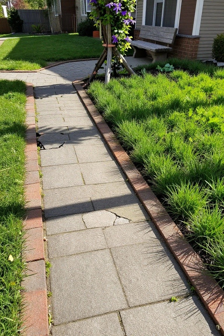 Curved gray stone paver pathway with red brick edging on both sides, bordered by green grass and plants, leading to a beige house with purple hanging flowers and a wooden bench nearby.