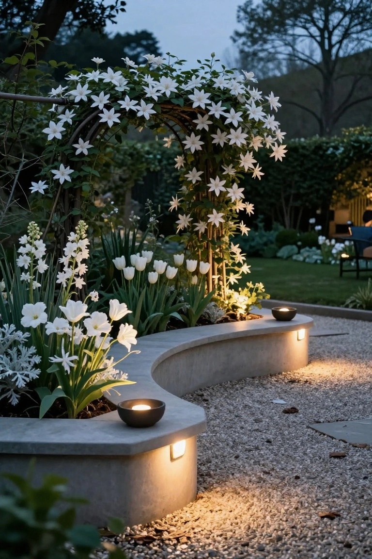 Curved concrete bench integrated into a garden bed with white flowers, tulips, and climbing vines on an arch, uplights along the edge, a candle on the bench, and gravel path at dusk.