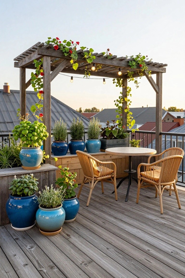 Rooftop wooden deck with a pergola covered in climbing vines and string lights, blue ceramic pots filled with plants, a round wooden table, and rattan chairs.