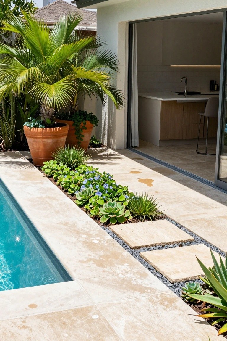 A turquoise pool edged with beige travertine pavers and a linear landscaped bed of succulents, agaves, groundcover plants, and small blue flowers, adjacent to large terracotta pots and a modern house with open glass doors to a white kitchen.