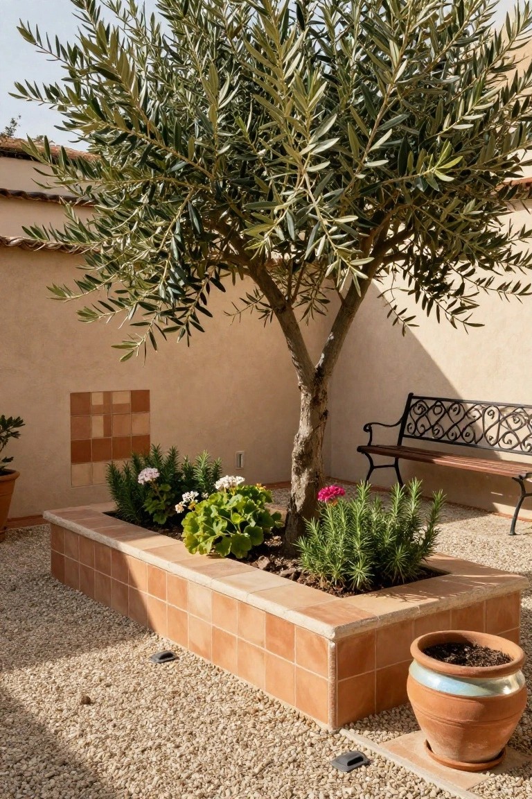 A mature olive tree grows from the center of a rectangular terracotta raised bed filled with smaller plants including pink flowers, green herbs, and succulents, next to a black wrought-iron bench on a gravel patio against a beige stucco wall with tile accents.