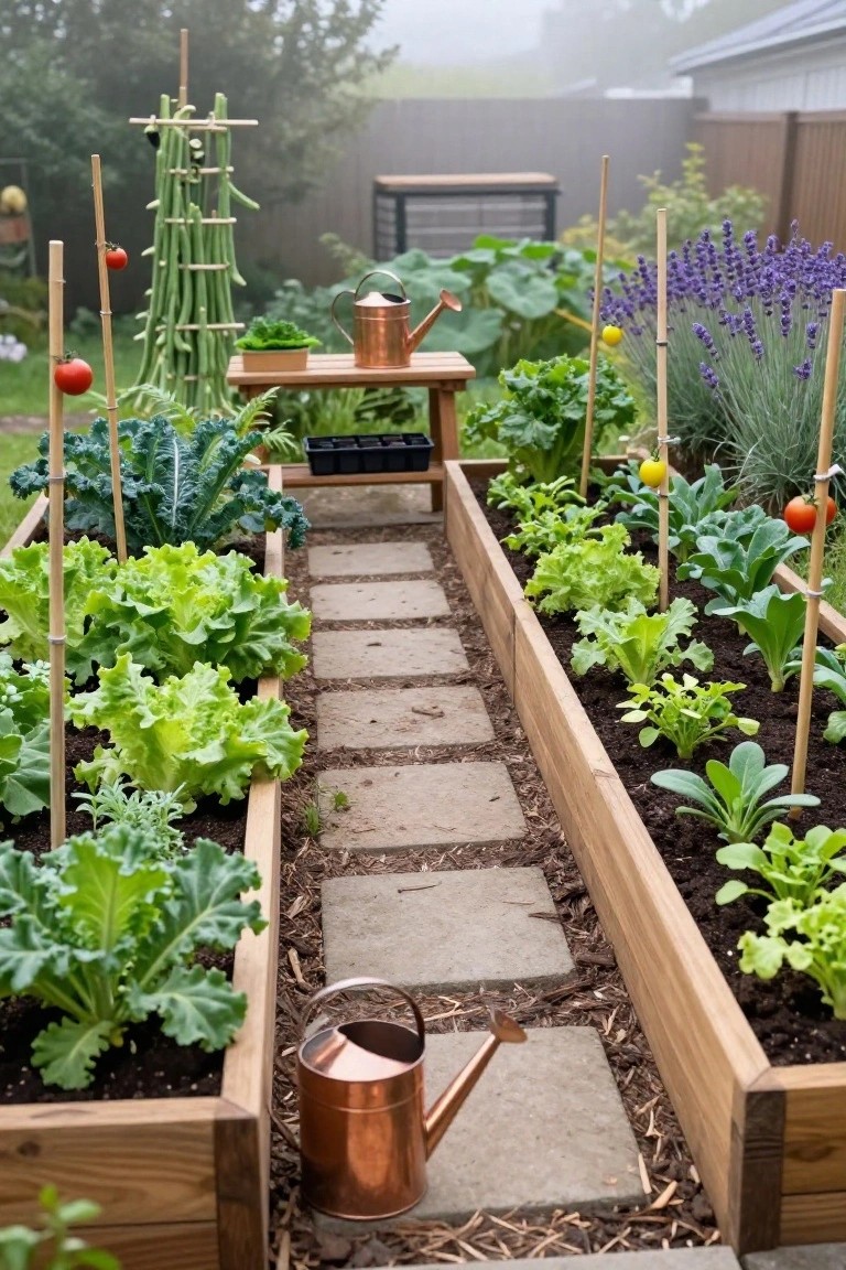 Wooden raised garden beds planted with lettuce, kale, beans on trellises, tomatoes, pak choi, and lavender in a backyard, with a central stone pathway, a copper watering can, and a small table nearby.