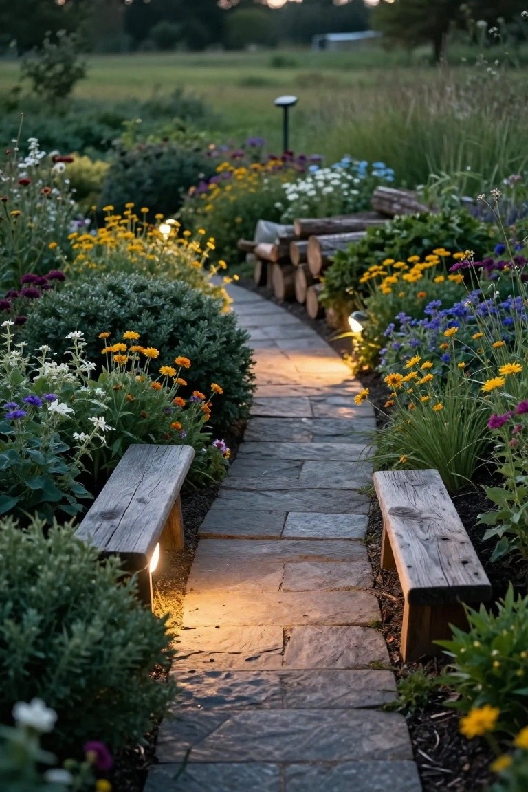 A curved stone pathway winds through dense flower beds with yellow, orange, purple, and white blooms, flanked by wooden benches and illuminated by low ground lights in the evening.