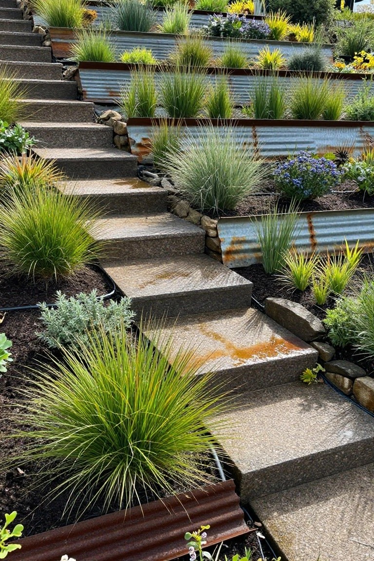 Concrete stairs on a slope edged by raised beds made from rusted corrugated metal sheets filled with grasses, small flowers, and mulch, with irrigation tubing visible.