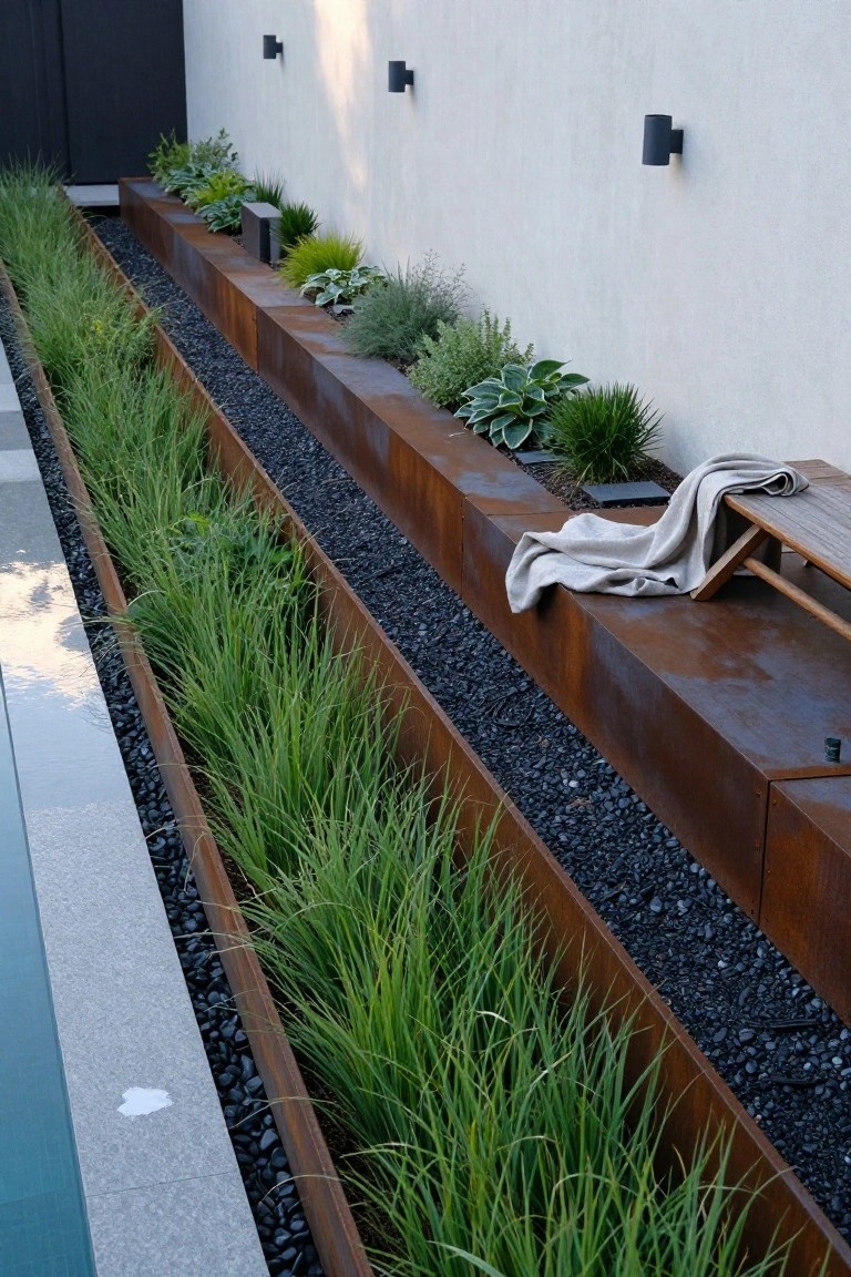 Tiered corten steel raised planters filled with grasses, herbs, and groundcovers line the edge of a pool, with black gravel mulch between them and a wooden bench draped with a towel nearby.