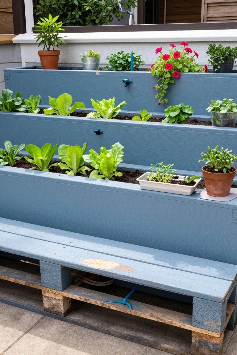Tiered blue wooden raised garden beds filled with lettuce, leafy greens, herbs, and flowers, constructed on a pallet base with a bench below, positioned outdoors next to a house exterior.