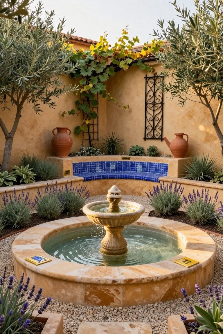 Courtyard garden with central circular stone fountain surrounded by curved raised beds of lavender and agave plants, blue tiled bench, olive trees, terracotta pots, and beige stucco walls.