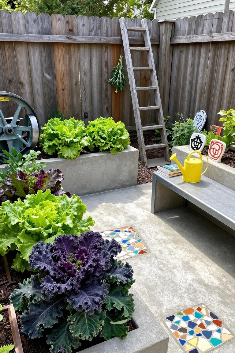 A backyard scene with multiple concrete raised beds containing lettuce and kale plants, a yellow watering can on a bench, and mosaic tiles on the ground.
