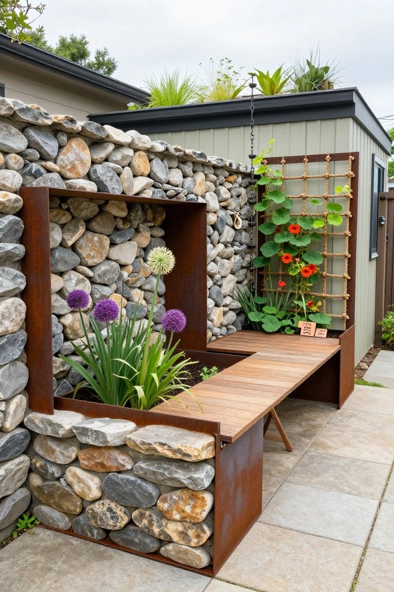 Garden corner with elevated corten steel raised beds built into a dry-stacked stone wall, featuring purple allium flowers, green plants, a wooden bench seat, climbing vines on a rope trellis, and a small shed nearby.