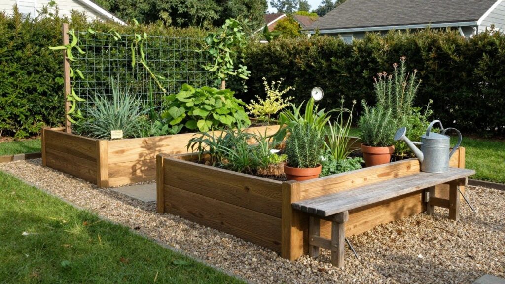 Wooden raised garden bed containing rosemary plants and other herbs along a gravel path, with a metal watering can, terracotta pot, and small plants nearby in a backyard setting.