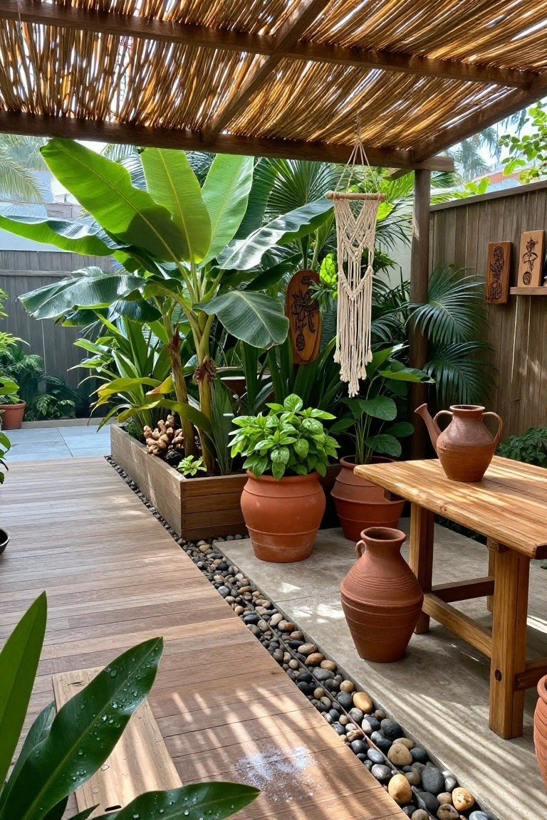 Wooden deck path beside a rectangular raised bed planter with ginger plants, edged by pebbles, in a tropical garden under thatched roof pergola with terracotta pots and a wooden table.