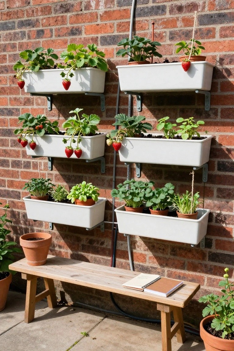 White rectangular raised bed planters mounted in rows on a red brick wall, filled with strawberry plants and herbs, with a wooden bench below.