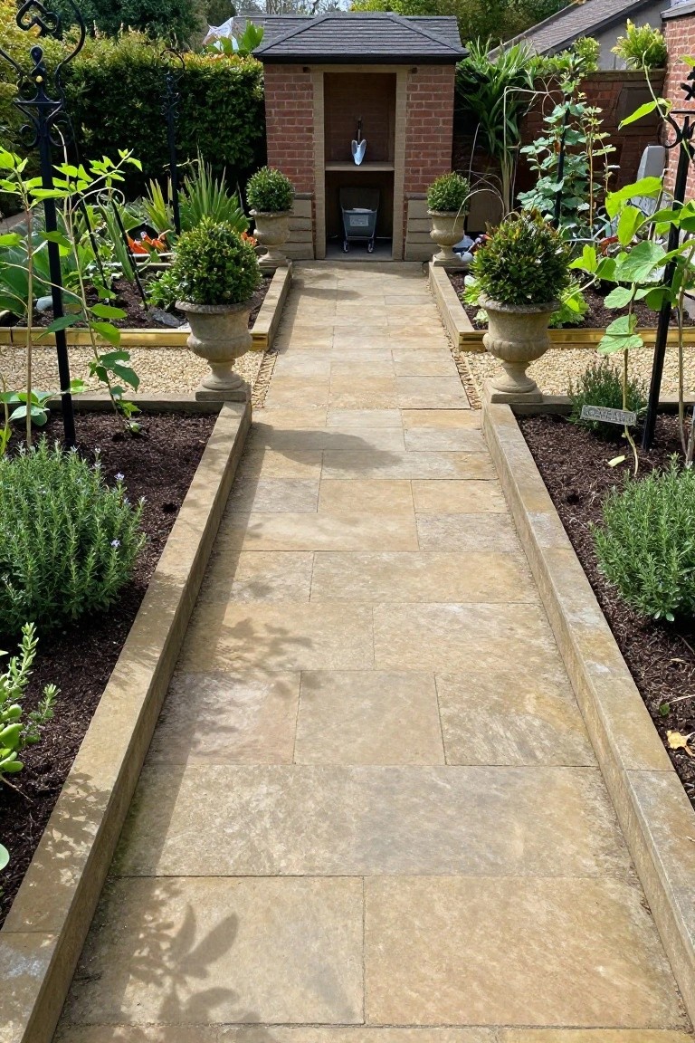 A straight stone pathway runs between two long raised garden beds bordered by potted shrubs and plants, leading toward a brick garden shed.