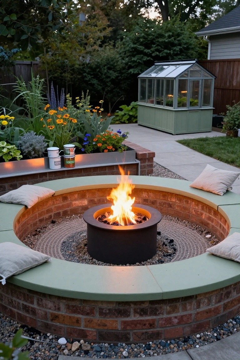 Circular brick fire pit bench with green seat tops and beige cushions surrounding a black metal fire bowl, flanked by raised garden beds with colorful flowers, grasses, and potted plants, plus a greenhouse in the background.
