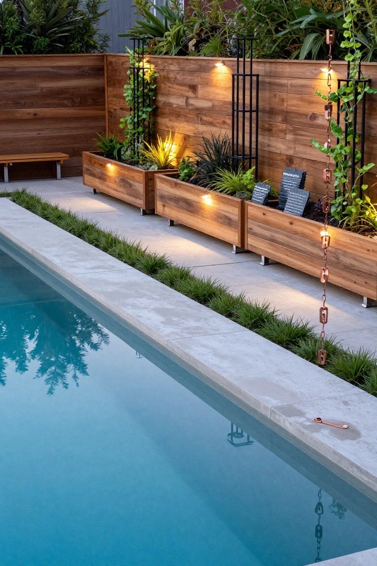 Wooden raised garden beds with integrated lights and plants line a concrete pool deck beside a wooden fence.