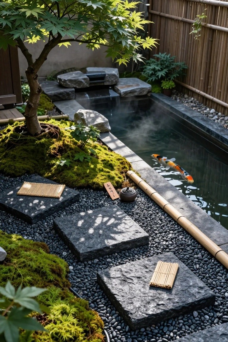 Overhead view of a Japanese garden with a steaming rectangular hot tub pond containing koi fish, surrounded by moss-covered raised mounds, black gravel paths, square stone slabs, bamboo poles, and a Japanese maple tree against a bamboo fence.