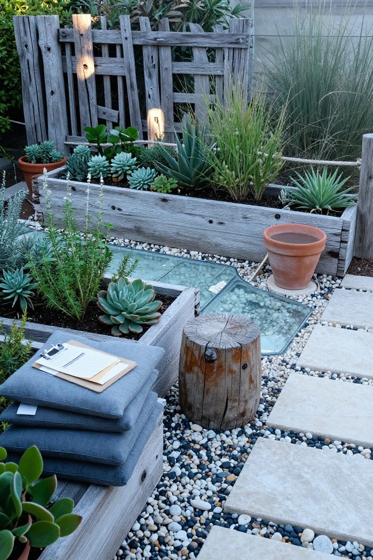 Backyard garden with multiple rectangular raised beds made from weathered wood, filled with succulents, agaves, and herbs, next to gravel paths, glass panels, potted plants, and a tree stump stool.