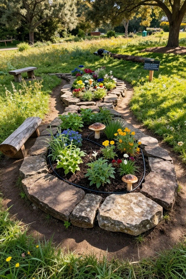 A backyard garden with raised beds outlined by irregular flat stones, containing colorful flowers, leafy plants, and two decorative mushrooms, set in a grassy area with trees and benches nearby.