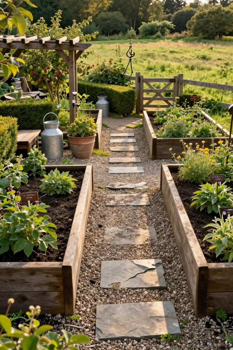 Wooden raised garden beds filled with plants line both sides of a central path made from irregular gray stone slabs set in gravel, with a pergola-covered apple tree, milk cans, and a wooden gate visible in the background.