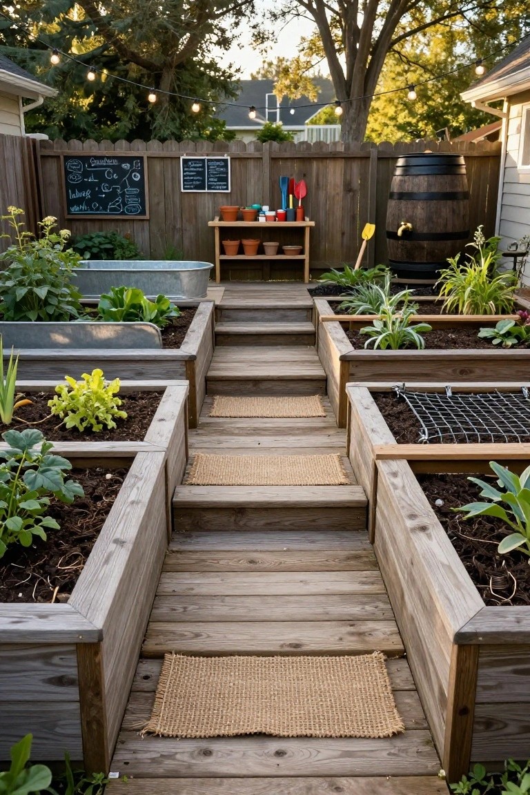 Backyard garden featuring multiple wooden raised beds with plants arranged around a central weathered wooden walkway and steps, including a galvanized tub planter, rain barrel, chalkboard sign on a fence, and string lights overhead.