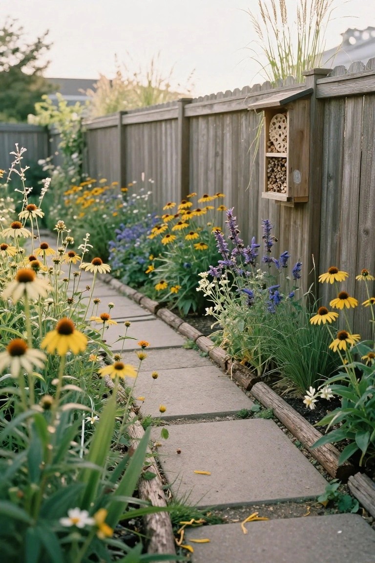 Stone paver path winding through a backyard garden bed filled with yellow coneflowers, purple salvia, white flowers, grasses, and bordered by a wooden fence with a bee hotel box.