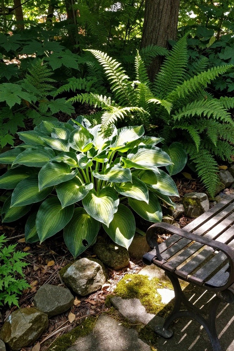 A dense cluster of variegated hosta plants with broad leaves in a shady garden bed, surrounded by ferns, rocks, mossy stones, and a wooden bench on a stone path.