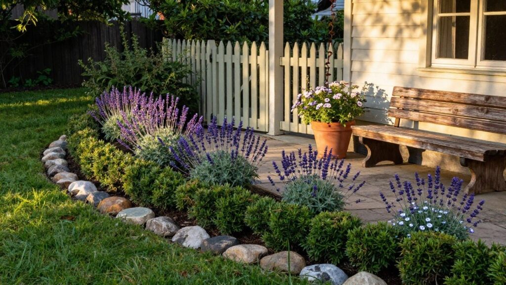 21 Foolproof Gardening Basics For Beginners That Feel Easy To Follow Stone pathway lined on both sides with blooming lavender plants leading up to porch steps on a house with white picket fence, potted flowers, and boxwood shrubs.