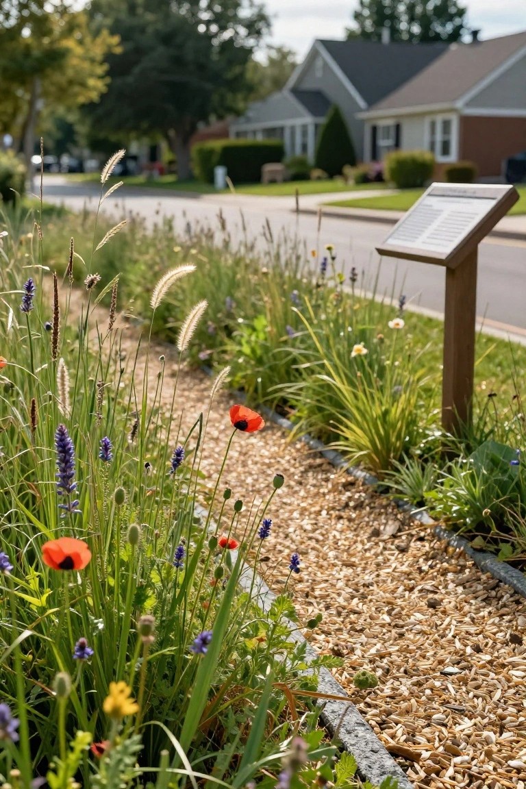 Gravel pathway edged with stone and bordered by mixed perennials including red poppies, purple lavender, tall grasses, and other wildflowers next to a neighborhood street with houses and trees in the background.