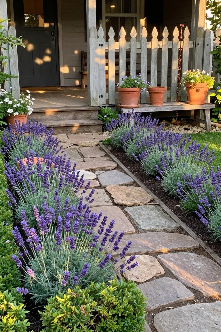 Stone pathway lined on both sides with blooming lavender plants leading up to porch steps on a house with white picket fence, potted flowers, and boxwood shrubs.