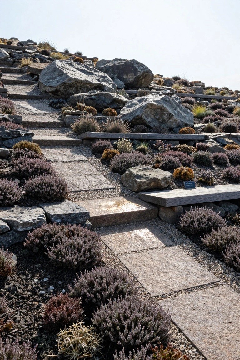 A winding pathway of irregular stone slabs and steps ascends a rocky hillside, bordered by large boulders and low-growing purple shrubs, grasses, and succulents.