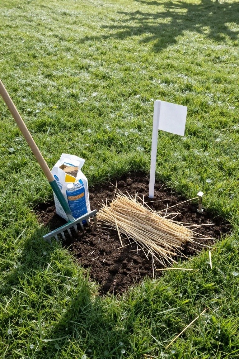 A dug hole in grass surrounded by a pile of straw, open bag of compost next to a rake, white flag marker, and metal stake.