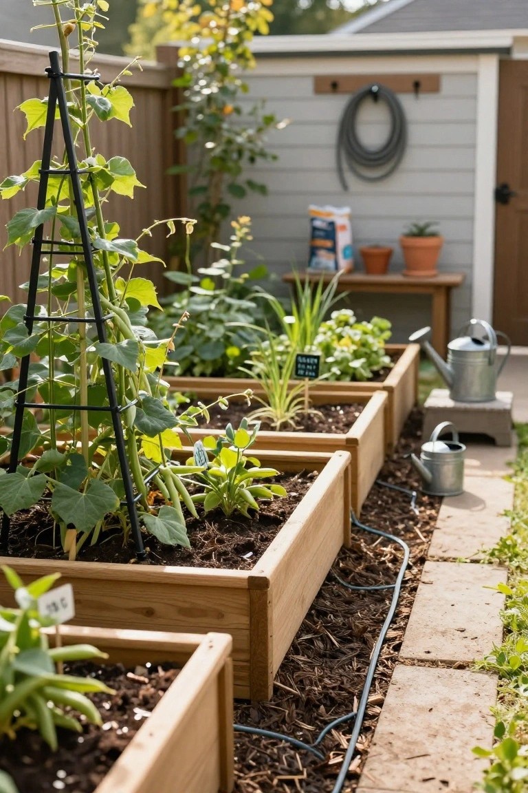 Wooden raised garden beds in a backyard with various plants including beans on a trellis, cucumbers, and herbs, drip irrigation lines, watering cans, and a shed nearby.