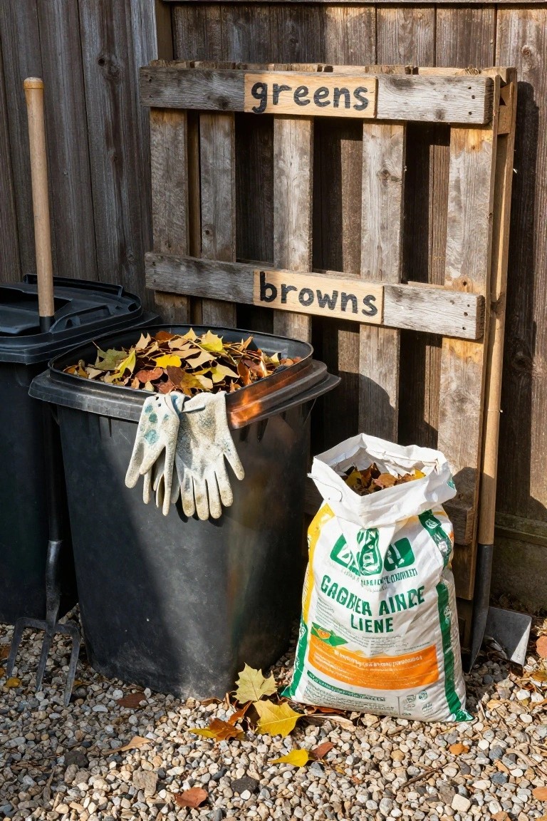 Backyard compost setup with two black bins labeled greens and browns on wooden pallet frames, filled with colorful autumn leaves, gardening gloves draped over one bin, a bag of garden lime, shovel, fork, and hoe on gravel ground against a wooden fence.