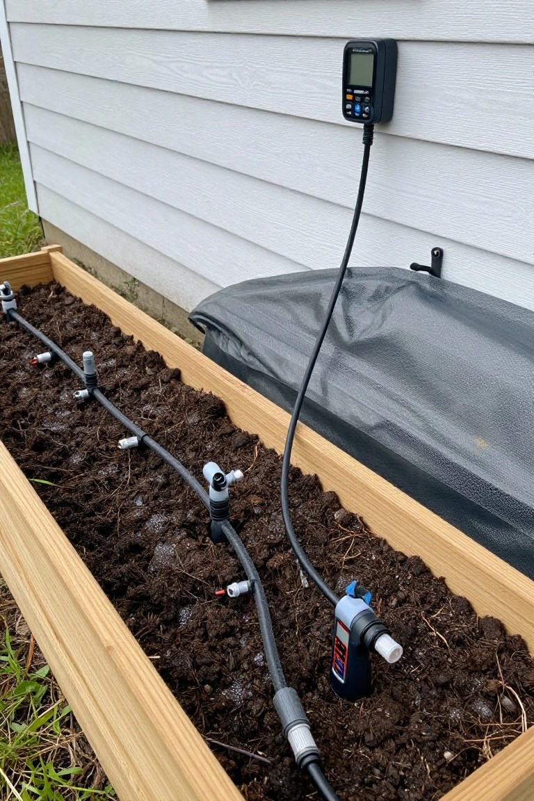 Wooden raised garden bed filled with soil next to a white house wall, with black drip irrigation tubing and emitters running through the bed, connected by a cable to a digital controller mounted on the wall.