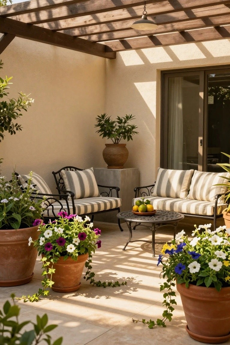 A shaded outdoor patio under a wooden pergola with black wrought-iron armchairs and loveseat in striped cushions around a low metal table holding sliced oranges and lemons, surrounded by large terracotta pots of colorful flowers and greenery next to beige stucco walls and sliding glass doors.
